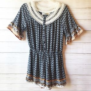 Available | Navy & Orange Crochet Romper | Small